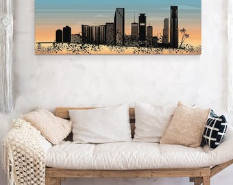 Retro Miami Skyline Sunrise Wall Art, Farmhouse Urban Living Decor
