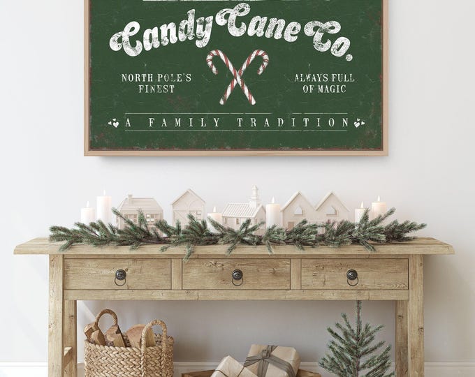 Candy Cane Art, Kringle Family Candy Cane Co Sign with Crossed Canes on Forest Green