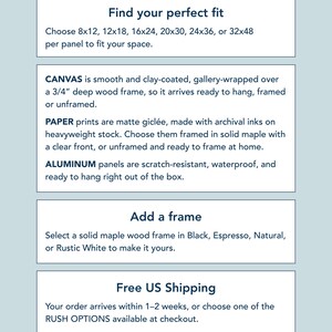 An ordering card for the dusty blue sea creature print set: canvas, paper or aluminum, framed or not.