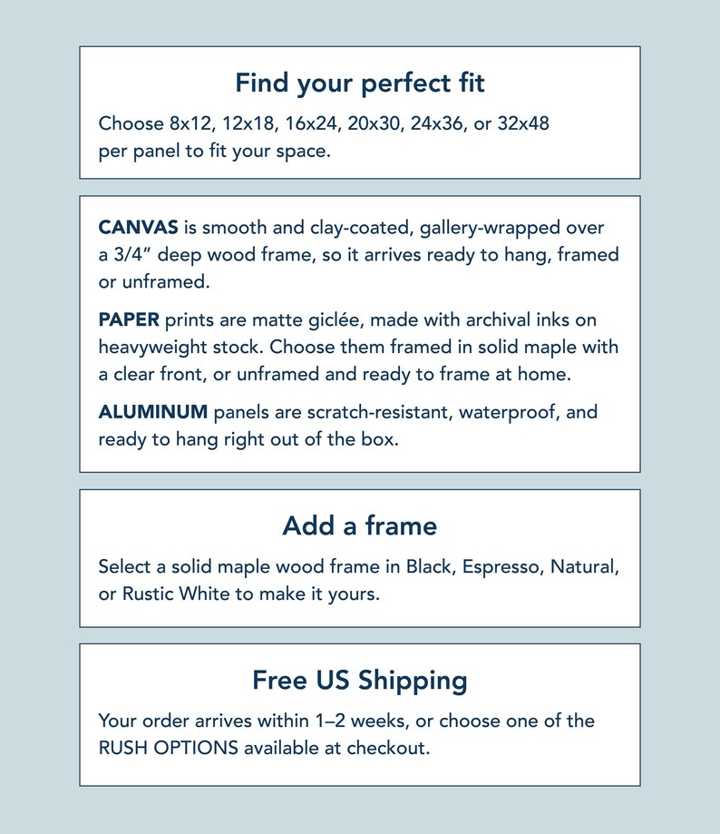 An ordering card for the dusty blue sea creature print set: canvas, paper or aluminum, framed or not.