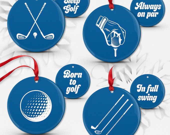 Blue Golf Christmas Ornaments: Set of 4 Double-Sided Porcelain