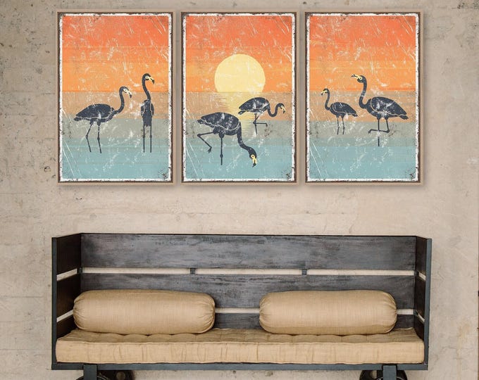 Flamingo Sunset Triptych Art, 3 Panel Coastal Set, Large Living Room Beach Wall Decor