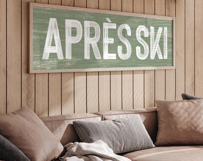 Vintage Apre Ski, Winter Home Decor, Ski Lodge Sign, Faux Weathered Wood Plaque, Rustic Farmhouse Style, Long Horizontal Wall Decoration