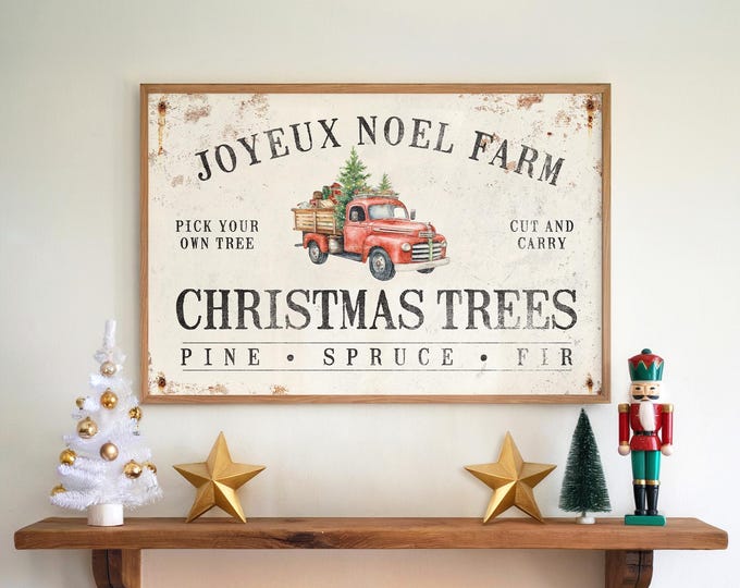Red Christmas Truck Joyeux Noel Sign, Tree Farm Cabin Decor, Holiday Gift