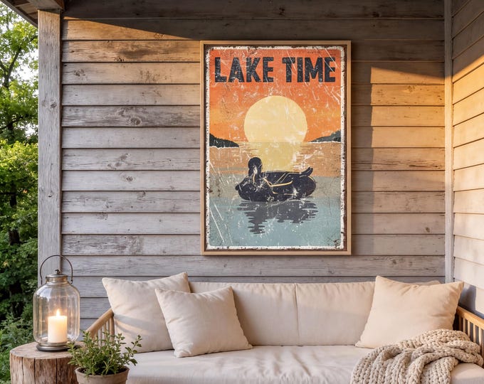 Tranquil Lake Art, Orange Sunset over Teal Water, Vintage Inner Tube Float Sign