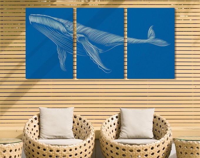 Large Whale Art Set of 3, White Line Whale on Cobalt Blue, Ocean Theme Canvas Triptych