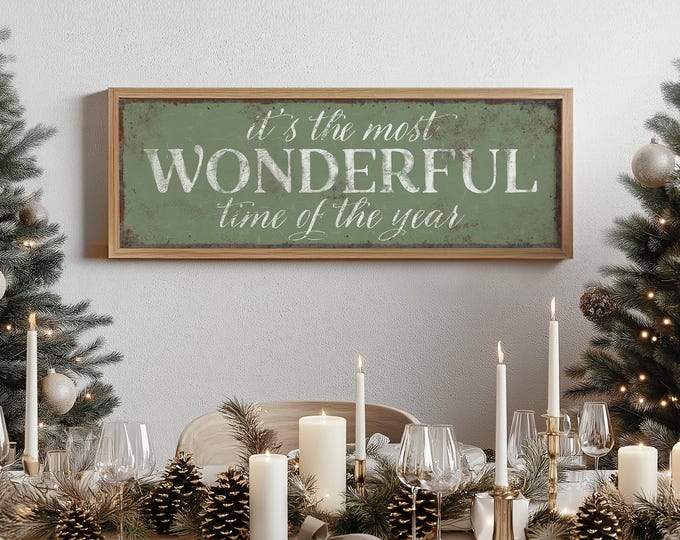 Most Wonderful Time Holiday Wall Art, Seagrass Green Rustic Season Decor