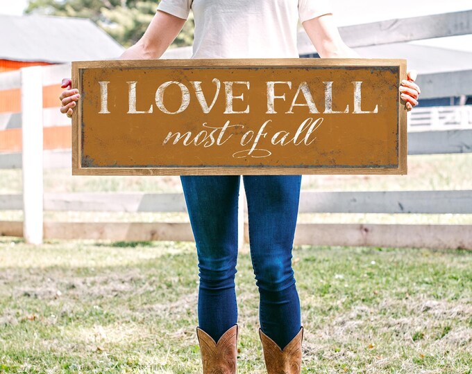 Fall Gift, I Love Sign, Cream and Golden Mustard Autumn Wall Art