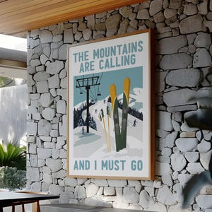 Vintage MOUNTAINS ARE CALLING Ski Poster, Retro Ski Lodge Decor, Vintage Cabin Wall Art Canvas Prints, Ski Chalet Decor, Gift For Skiers