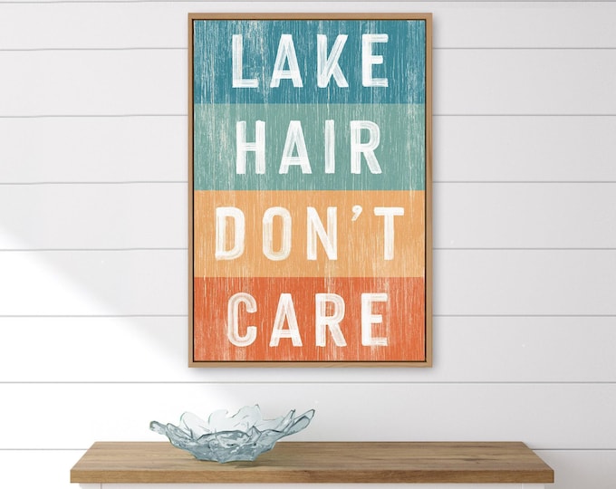 Retro Lake House Art, Lake Hair Don't Care Rainbow Stripe Sign, Funny Lake Gift Print