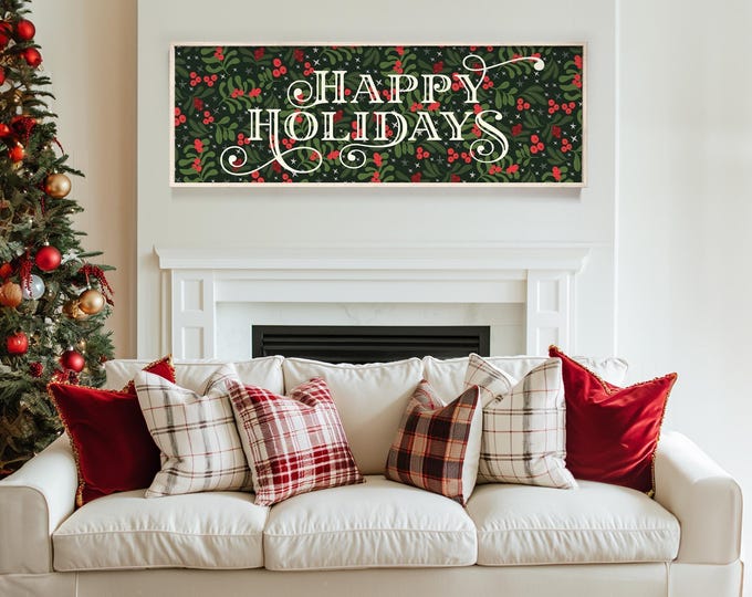 Happy Holidays Holly Decor with Red Berries on Forest Green