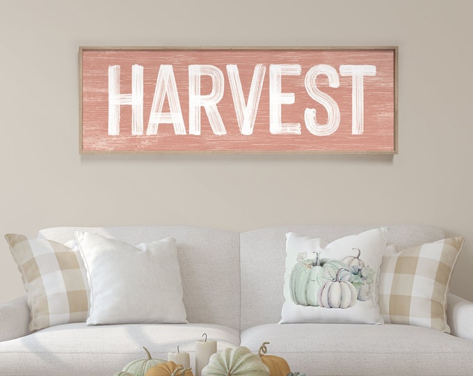 Harvest Sign in Coral Pink, faux weathered wood, seasonal wall art, harvest wall decorations, vintage farmhouse, long horizontal wall art