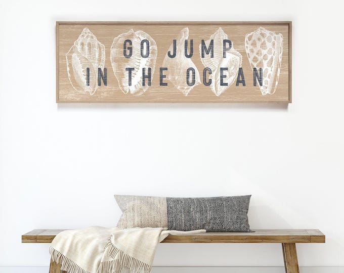 Go Jump In The Ocean, Long Horizontal Wall Print, White Seashells Charcoal Coastal Art