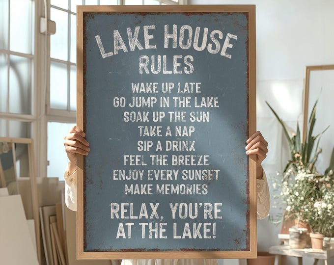 Harbor Blue Lake House Rules Print, Blue Gray Wall Decor, Rustic Maple Frame, Aluminum Art, Lakehouse Gift Idea