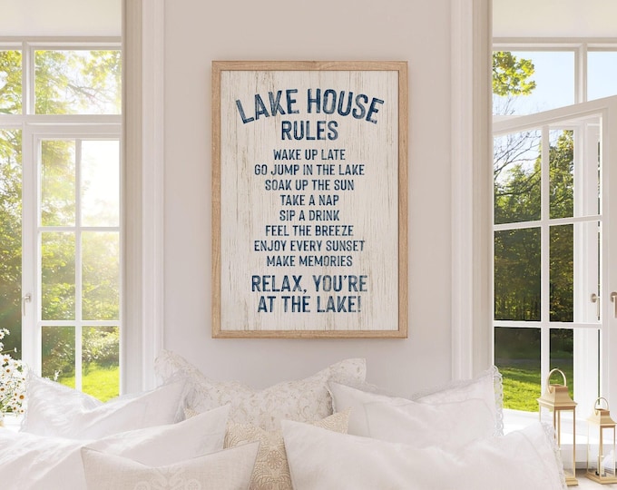 Lake House Rules Sign: Rustic Navy and White - Distressed Wood