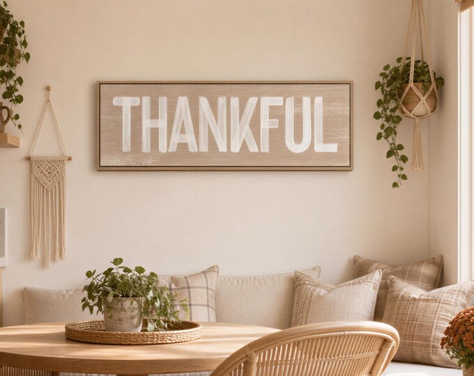 Fall Living Decor, Thankful Pale Tan Sign, Wall Art