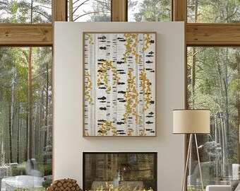 Fall Wall Decor Sign, Birch Tree Canvas Art, Abstract Foliage Forest Print, Framed Nature Wall Hanging for Fireplace, Birch Trees 09
