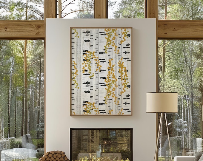 Fall Wall Decor Sign, Birch Tree Canvas Art, Abstract Foliage Forest Print, Framed Nature Wall Hanging for Fireplace, Birch Trees 09