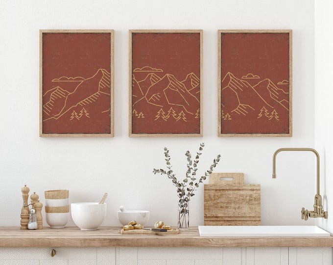 Mountain Triptych Wall Art, Abstract Landscape, 3 Panels (Modern Decor)