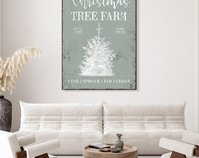 Green Tree Canvas, Kringle and Co Christmas Tree Farm Sign in Pale Sage and Cream White