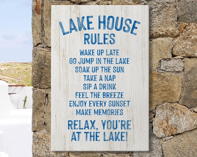 Lake Rules Wall Art: Vintage Rustic Cabin Style (Blue White)