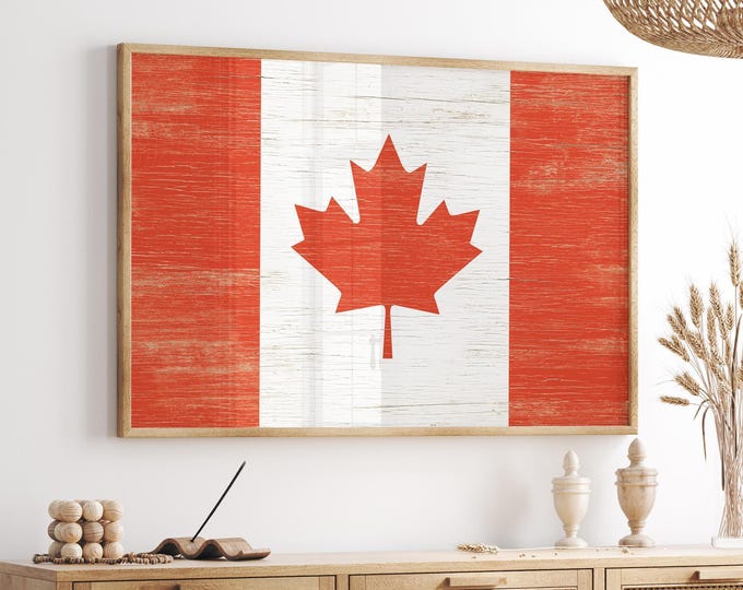 Canada Flag Wall Art, Painted Weathered Wood Style on Canvas, Canadian Flag Wood Canvas Print, Framed Canadian Flag Poster, Retro Flag Art