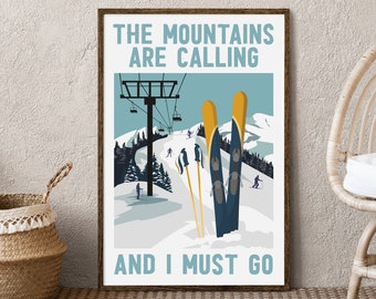 The MOUNTAINS ARE CALLING Ski Poster, Retro Looking Ski Lodge Decor, Vintage Ski Canvas Prints, Ski Chalet Decor, Gift For Skiers