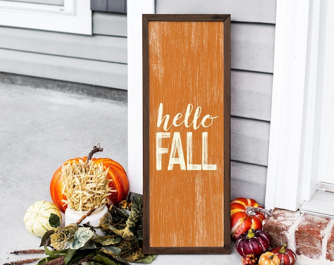 Fall Kitchen Decor, Hello Sign, Burnt Orange and Cream Weathered Wall Art