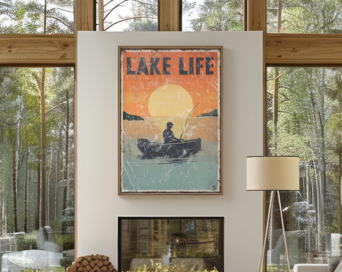 Rustic Vintage Decor, Lake Life Sunset Sign, Navy Orange Fishing Boat Wall Art