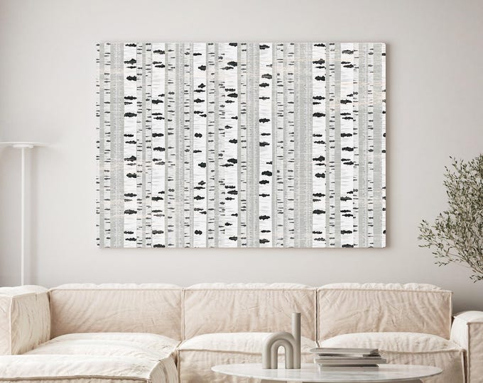 Modern Birch Tree Wall Art Canvas, Abstract Monochromatic Art, Extra Large Black & White Framed Canvas, Birch 01