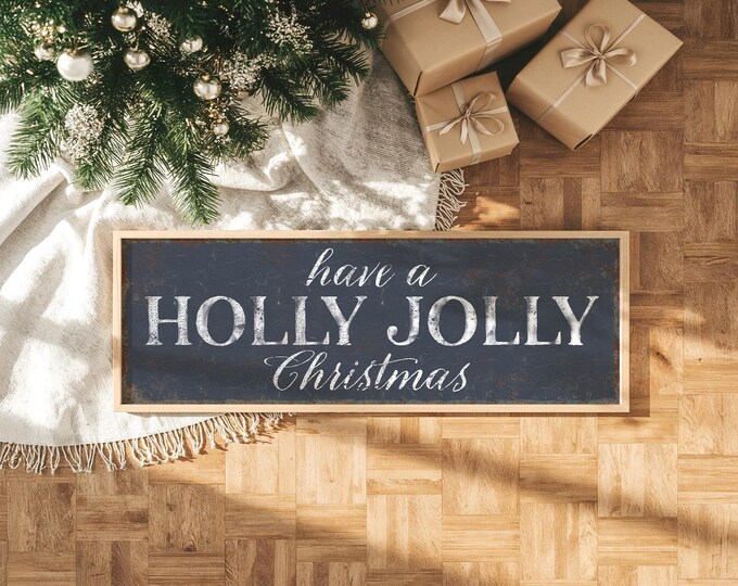 A Holly Jolly Christmas Rustic Style Sign in Cream on Charcoal Navy