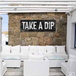 Pool Sign, Distressed White Block Letters on a Long Black Ground