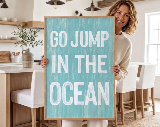 Go Jump in the Ocean Sign, Vintage Beach Decor, Living Room Wall Art
