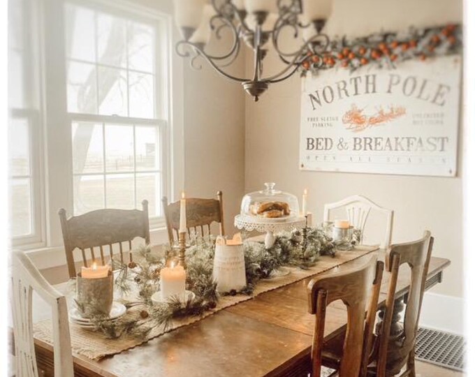 Funny Reindeer Art, North Pole Bed and Breakfast with Unlimited Hot Cocoa and a Red Sleigh