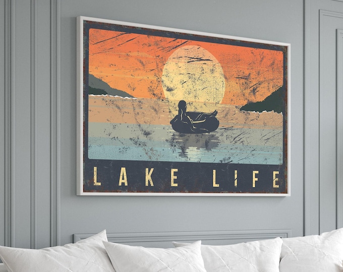 Vintage Lake Decor, Sunset Lake Art, Woman On Tube, Retro Canvas Print, Floating Tube Scene, Lake House Wall Decor, Gift For Her