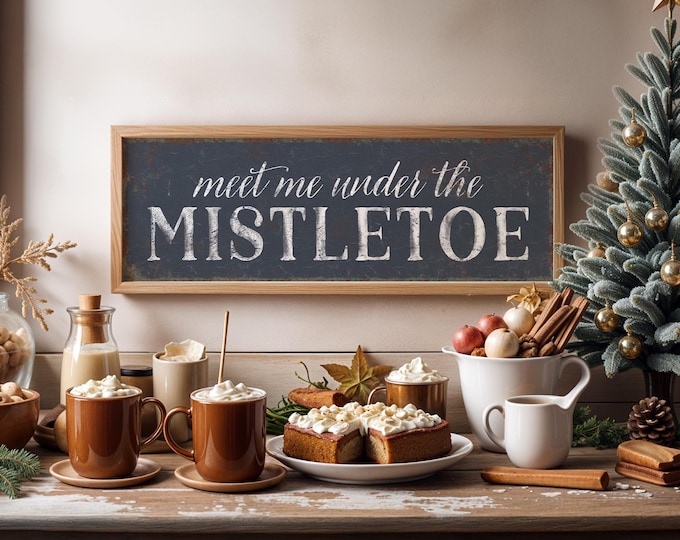 Charcoal Navy Holiday Sign with Hand-Lettered Mistletoe Typography in Cream