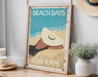 Beach Days Wall Sign - Retro Woman Tanning in Large Sun Hat