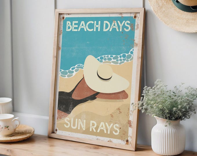 Beach Days Wall Sign - Retro Woman Tanning in Large Sun Hat