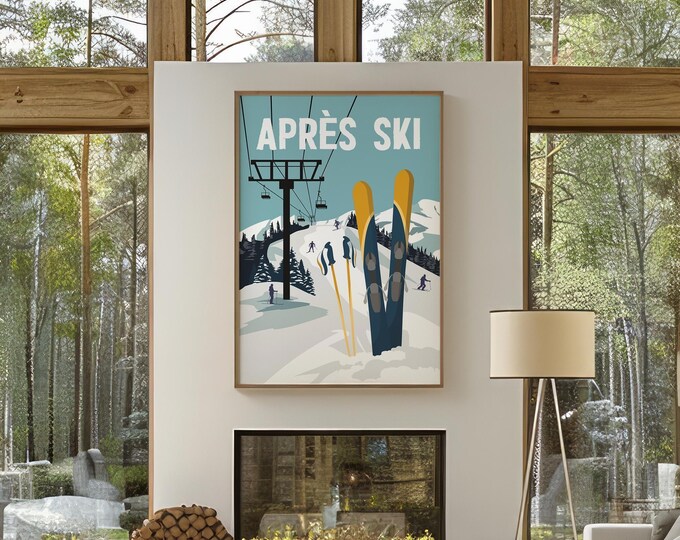 Snowy Trees Art, Apres Ski Retro Chairlift Poster in Pale Teal, Lodge Cabin Print