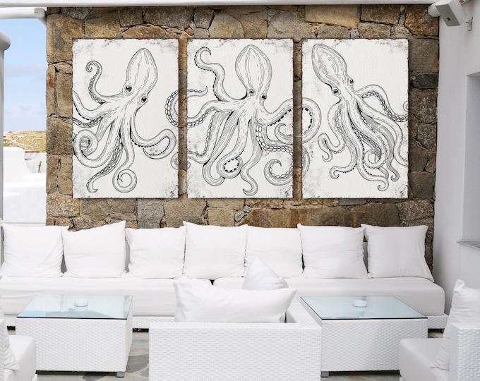 Octopus 3 Piece Set, Retro Canvas Triptych, Black On White Artwork, Beach House Wall Decor, Floater Frame Canvas, Outdoor Friendly Display