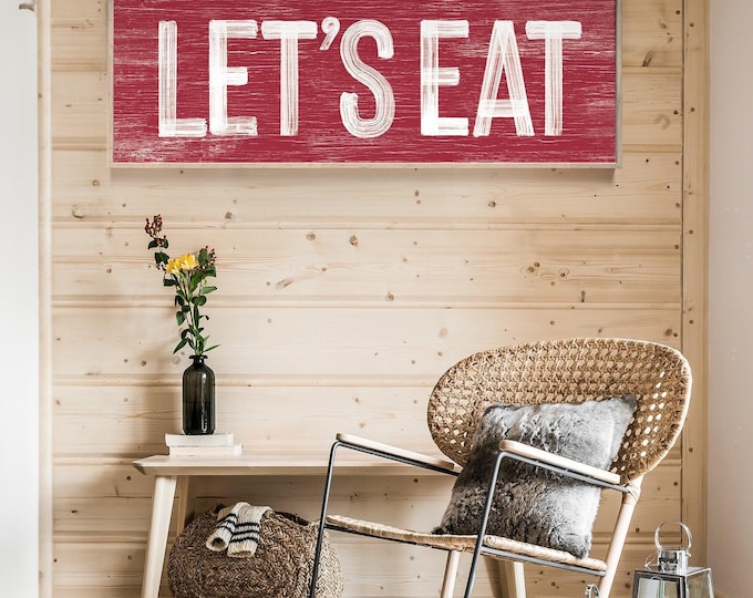Lets Eat Sign, Rustic Red Holiday Wall Art, White Lettering Distressed Kitchen Decor