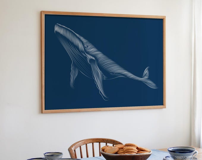 Coastal Blue Gray Whale Print, Deep Navy and White Nautical Wall Art, Multiple Sizes