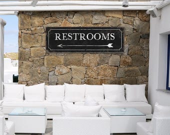 Antique Metal Bathroom Arrow Sign, Vintage Directional Sign with Arrow Pointing Left, Black Aluminum or Canvas Print with Faux Rusty Edge