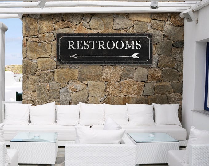 Antique Metal Bathroom Arrow Sign, Vintage Directional Sign with Arrow Pointing Left, Black Aluminum or Canvas Print with Faux Rusty Edge