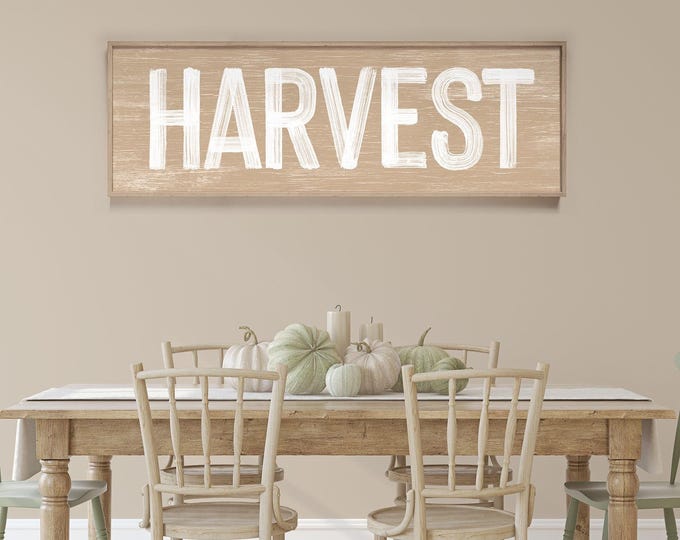 Harvest Sign in Latte, faux weathered wood, seasonal wall art, harvest wall decorations, vintage farmhouse, long horizontal wall art