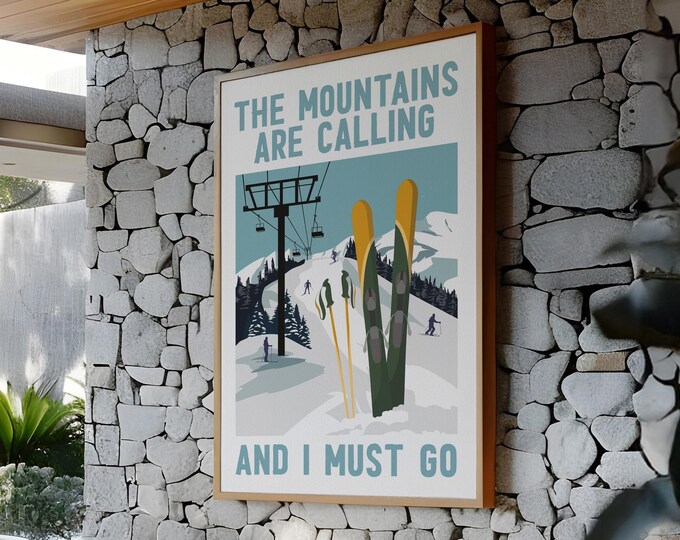 Ski House Decor, The Mountains Are Calling Retro Poster with Forest Green Skis, Teal Panel Art