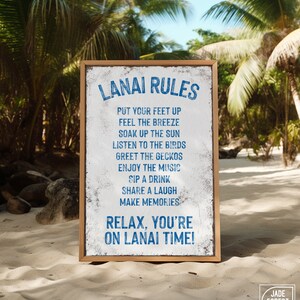 Rustic LANAI RULES Sign, Ocean on White Pool Decor, Retro Lanai Canvas Prints, Lanai Gift for Her, Signs for Tiki Bar, Florida Home Decor