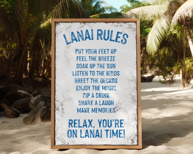 Rustic LANAI RULES Sign, Ocean on White Pool Decor, Retro Lanai Canvas Prints, Lanai Gift for Her, Signs for Tiki Bar, Florida Home Decor