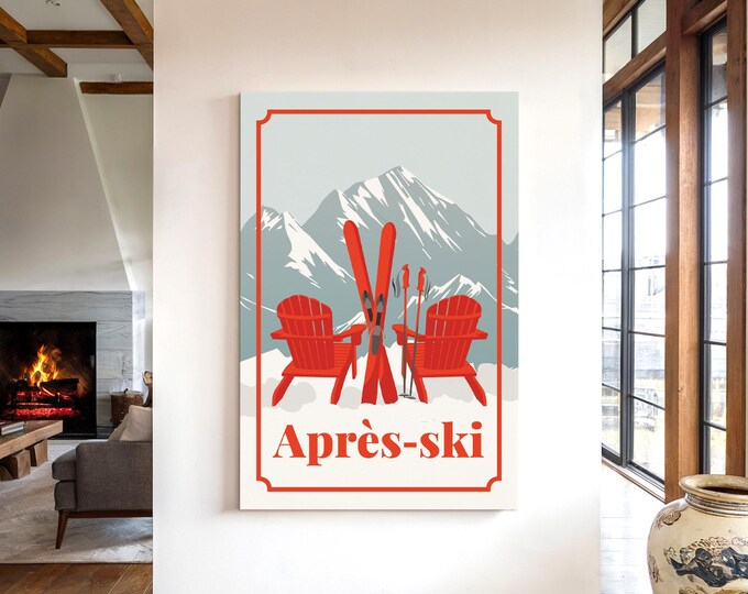 Ski Decor, Apres Ski Adirondack Chairs in Tomato Red on Grey Blue, Cozy Cabin Print