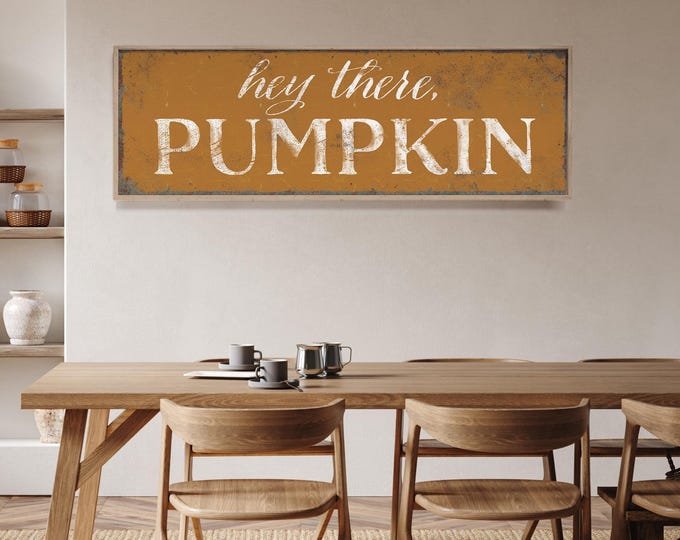 Hey There Pumpkin Sign in Caramel, Long Skinny Fall Wall Art, Fall Colors, Framed Fall Canvas Prints, Thanksgiving Decor